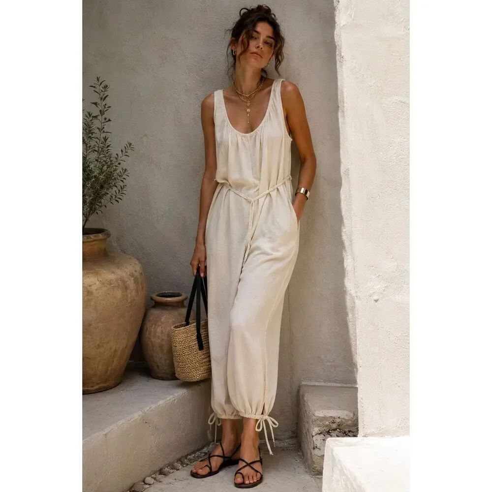 Urban Outfitters Cream Linen Blend Sleeveless Jumpsuit Tie Back Balloon Leg M